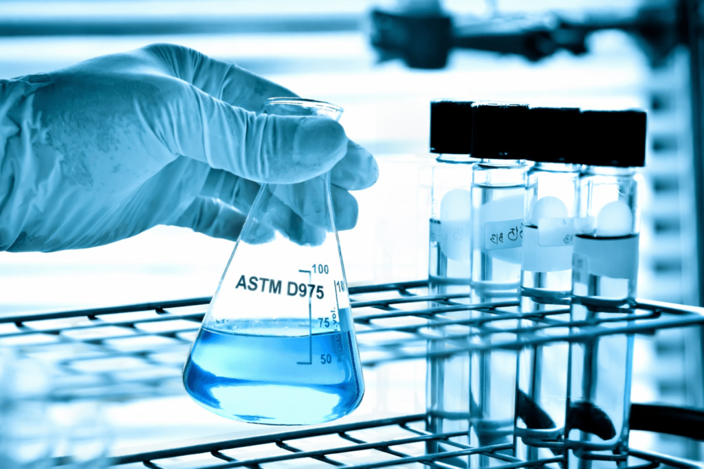 A gloved hand holds a graduated flask with blue liquid, alongside test tubes on a rack, indicating a laboratory setting for scientific analysis.